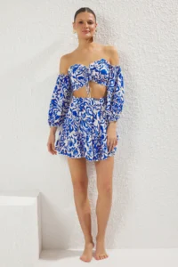 TRENDYOLMİLLA Shawl pattern Weaving Shirred Beach Blouse-Skirt Set - Image 2