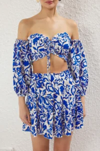 TRENDYOLMİLLA Shawl pattern Weaving Shirred Beach Blouse-Skirt Set - Image 3