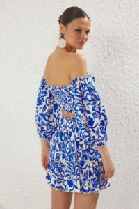 TRENDYOLMİLLA Shawl pattern Weaving Shirred Beach Blouse-Skirt Set - Image 4