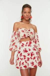 TRENDYOLMİLLA Su Six Patterned Weaving Shirred Beach Blouse-Skirt Set