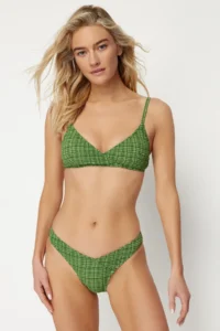 TRENDYOLMİLLA Green Plaid Patterned V Cut Regular Low Waist Bikini Bottom