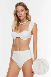 TRENDYOLMİLLA Ecru textured Covered with accessories High Waist Regular Bikini Bottom