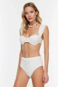 TRENDYOLMİLLA Ecru textured Covered with accessories High Waist Regular Bikini Bottom - Image 3