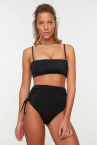 TRENDYOLMİLLA Black Shirred hipster Super High Waist Bikini Bottom - Image 2