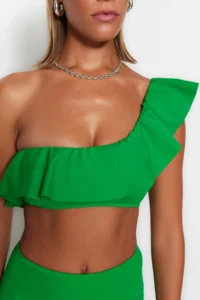 TRENDYOLMİLLA Dark Green with flywheel One Shoulder Covered Bikini Top - Image 5