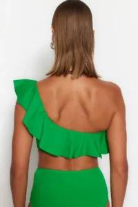 TRENDYOLMİLLA Dark Green with flywheel One Shoulder Covered Bikini Top - Image 6