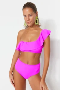 TRENDYOLMİLLA Pink with flywheel One Shoulder Covered Bikini Top