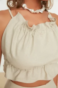 TRENDYOLMİLLA Beige Weaving Frilly Beach Crop Blouse - Image 2