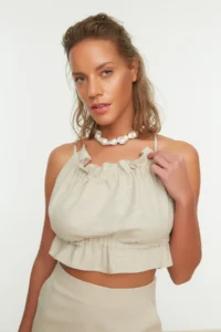 TRENDYOLMİLLA Beige Weaving Frilly Beach Crop Blouse - Image 4