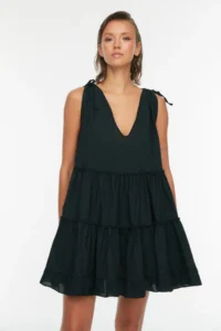 TRENDYOLMİLLA beachwear 100% Cotton Black Weaving Frilly Mini Dress