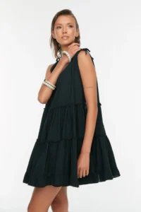 TRENDYOLMİLLA beachwear 100% Cotton Black Weaving Frilly Mini Dress - Image 2