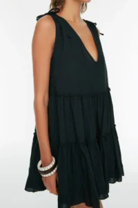 TRENDYOLMİLLA beachwear 100% Cotton Black Weaving Frilly Mini Dress - Image 3
