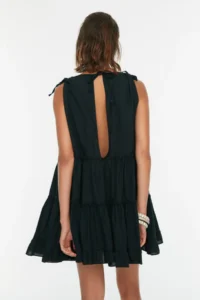 TRENDYOLMİLLA beachwear 100% Cotton Black Weaving Frilly Mini Dress - Image 4