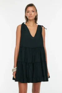 TRENDYOLMİLLA beachwear 100% Cotton Black Weaving Frilly Mini Dress - Image 5