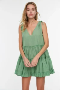 TRENDYOLMİLLA beachwear 100% Cotton Green Weaving Frilly Mini Dress - Image 5
