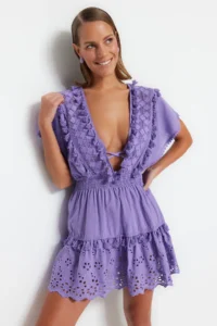 TRENDYOLMİLLA beachwear 100% Cotton Lilac Weaving Embroidered Mini Dress