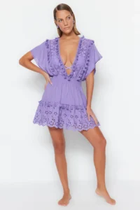 TRENDYOLMİLLA beachwear 100% Cotton Lilac Weaving Embroidered Mini Dress - Image 2