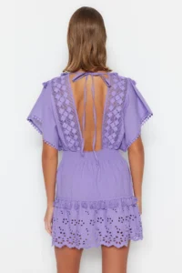 TRENDYOLMİLLA beachwear 100% Cotton Lilac Weaving Embroidered Mini Dress - Image 5