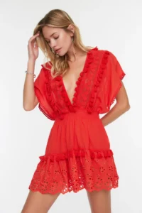 TRENDYOLMİLLA Rejection Weaving Embroidered 100% Cotton Beach Mini Dress - Image 2
