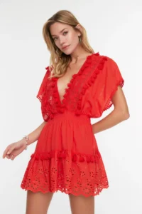 TRENDYOLMİLLA Rejection Weaving Embroidered 100% Cotton Beach Mini Dress - Image 5