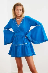 TRENDYOLMİLLA beachwear 100% Cotton Saks Blue Weaving striped Mini Dress - Image 2