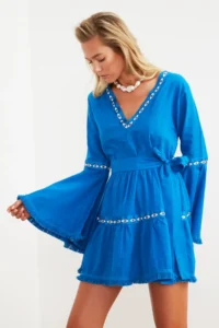 TRENDYOLMİLLA beachwear 100% Cotton Saks Blue Weaving striped Mini Dress - Image 3
