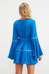 TRENDYOLMİLLA beachwear 100% Cotton Saks Blue Weaving striped Mini Dress - Image 4
