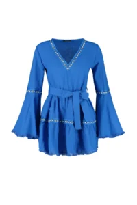 TRENDYOLMİLLA beachwear 100% Cotton Saks Blue Weaving striped Mini Dress - Image 5