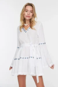 TRENDYOLMİLLA beachwear 100% Cotton White Weaving striped Mini Dress