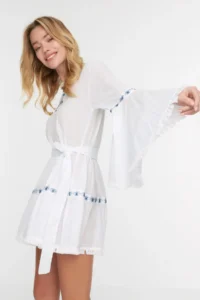 TRENDYOLMİLLA beachwear 100% Cotton White Weaving striped Mini Dress - Image 2