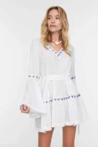 TRENDYOLMİLLA beachwear 100% Cotton White Weaving striped Mini Dress - Image 3