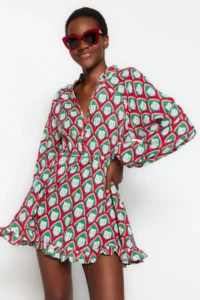 TRENDYOLMİLLA beachwear 100% Cotton Geometric Patterned Weaving Mini Dress - Image 2