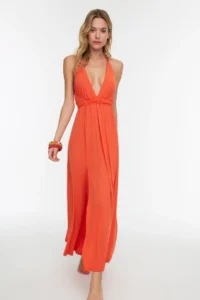 TRENDYOLMİLLA Orange Knitting slit Maxi Beach Dress - Image 2