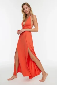 TRENDYOLMİLLA Orange Knitting slit Maxi Beach Dress - Image 3