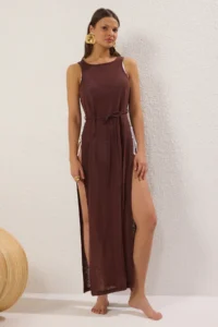 TRENDYOLMİLLA Brown Knitting slit Maxi Beach Dress