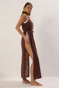 TRENDYOLMİLLA Brown Knitting slit Maxi Beach Dress - Image 2