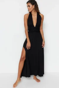 TRENDYOLMİLLA Black Knitting Binding Detailed Maxi Beach Dress - Image 3