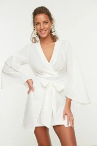 TRENDYOLMİLLA beachwear White Weaving Binding Detailed Mini Dress - Image 5