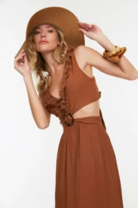 TRENDYOLMİLLA Cinnamon Weaving Accessory Detailed Maxi Beach Dress - Image 3