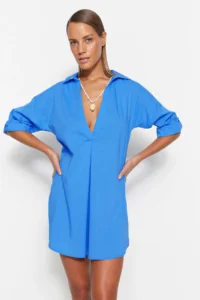 TRENDYOLMİLLA Mavi Weaving Beach Mini Dress - Image 2
