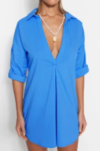 TRENDYOLMİLLA Mavi Weaving Beach Mini Dress - Image 3