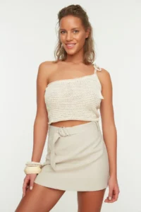 TRENDYOLMiLLA beachwear Beige Weaving Arched Super High Waist Mini Shorts & Bermuda - Image 2