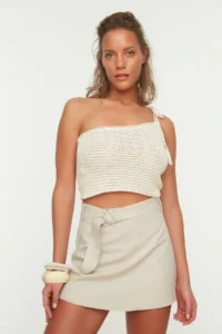 TRENDYOLMiLLA beachwear Beige Weaving Arched Super High Waist Mini Shorts & Bermuda - Image 3