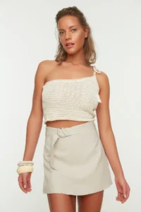 TRENDYOLMiLLA beachwear Beige Weaving Arched Super High Waist Mini Shorts & Bermuda - Image 4