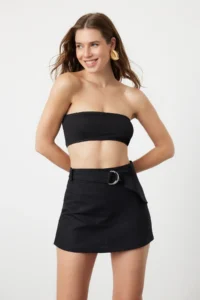 TRENDYOLMiLLA Black Weaving Arched Beach Mini Super High Waist Shorts & Bermuda - Image 3