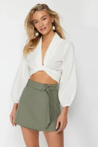 TRENDYOLMiLLA Khaki Weaving Arched Beach Mini Super High Waist Shorts & Bermuda