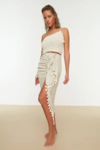 TRENDYOLMiLLA beachwear Beige Weaving Tassel Midi Skirt - Image 2