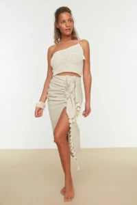 TRENDYOLMiLLA beachwear Beige Weaving Tassel Midi Skirt - Image 5