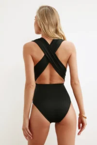 TRENDYOLMİLLA Black Drapeli Deep V-neck Covered hipster Swimsuit - Image 3