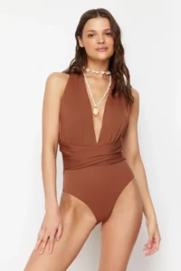 TRENDYOLMİLLA Brown Drapeli Deep V-neck Covered hipster Swimsuit - Image 2